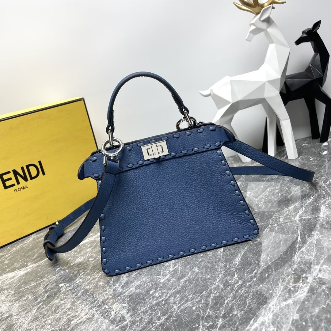 Fendi Peekaboo ISeeU Petite Navy Blue Selleria Bag with 306 Hand-sewn Stitches